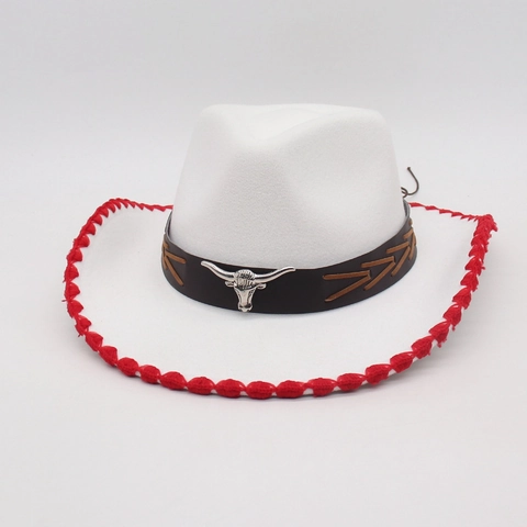 Chapeau De Cowboy Western Style Ethnique Rétro Feutre De Coton Avec Bande En Cuir Tête De Taureau Métal Bord Tressé