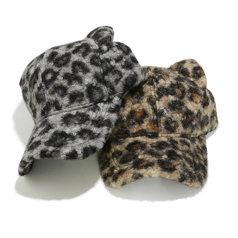 Leopard Print Baseball Cap With Bear Ears Plush Teddy Fleece Warm Winter Outdoor Fashion Hat For Women