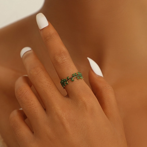 Anello Aperto Foglia Di Vite Acciaio Al Titanio Smalto Regolabile Stile Foresta Gioielli Donna
