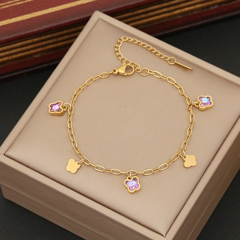 Bracciale Con Charms In Acciaio Inossidabile Con Pendenti Farfalla Cuore In Vetro Cristallo Viola Gioielli Da Donna