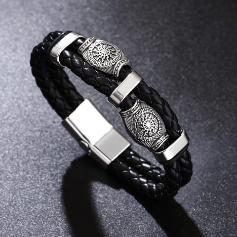 Bracelet En Cuir Tressé Pour Hommes Charme Métallique Viking Roue Solaire Style Punk Vintage Bijoux Fermoir Magnétique