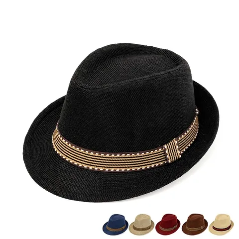 Kids Fedora Jazz Hat Woven Cotton Polyester Striped Band Sun Protection Vintage Trilby For Boys Girls