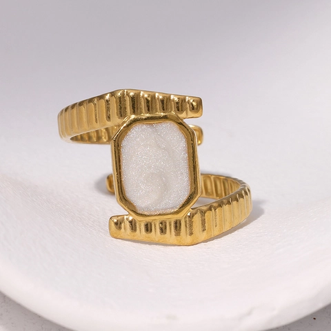Geometric Octagonal Open Ring Stainless Steel 18K Gold Plated Enamel Adjustable Retro Finger Jewelry For Women
