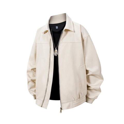 Men Jacket Turn-down Collar Zip Up Retro Casual Outerwear Ribbed Cuffs Solid Color Polyester Streetwear Style