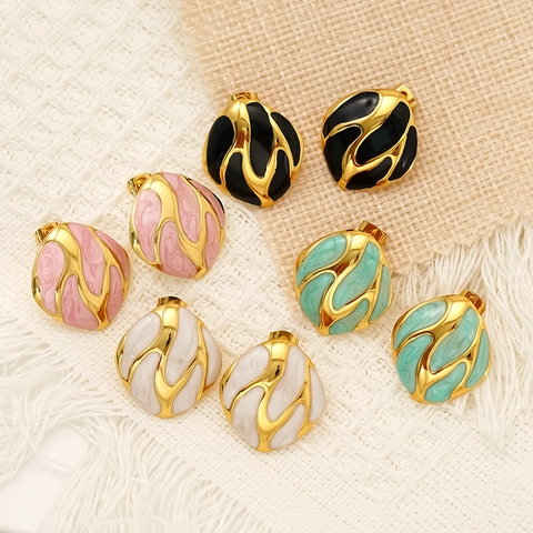 Irregular Geometric Stud Earrings 18K Gold Plated 304 Stainless Steel Enamel Oil Dripping Retro Vintage Style Women