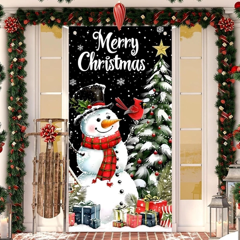Kerst Deur Banner Polyester Sneeuwpop Kerstboom Sneeuwvlok Hangende Vlag Buiten Tuin Huis Entree Decoratie