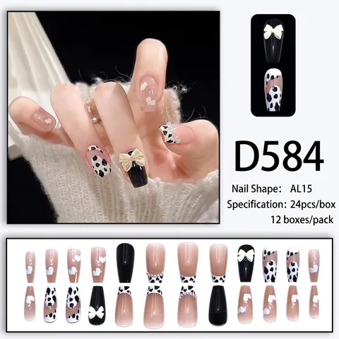 Luxury Long Coffin Press On Nails With 3D Bow Artificial Pearls Rhinestone Cow Print Heart Glitter Trendy False Nails
