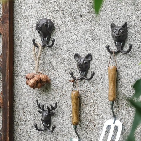 Cast Iron Animal Head Wall Hooks Retro Heavy Duty Double Decorative Hangers For Entryway Garden Home Decor Vintage Style
