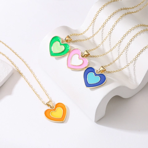 Heart Pendant Necklace Double Layer Enamel Zircon 18K Gold Plated Copper Minimalist Jewelry For Women