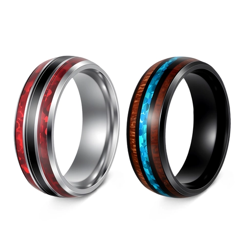 304 Edelstahl Ring Mit Koaholz Und Imitationsopal Einlage Poliertes Band Für Herren Unisex Natürlicher Stil
