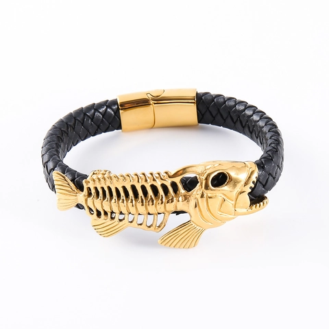 Pulsera Espina De Pescado Cuero Trenzado Acero Inoxidable 304 Cierre Magnético Joyería Punk Gótica Regalo Hombre