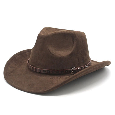 Western Cowboy Hat Vintage Suede Wide Brim Fedora With Floral Leather Band Metal Buckle For Men Women