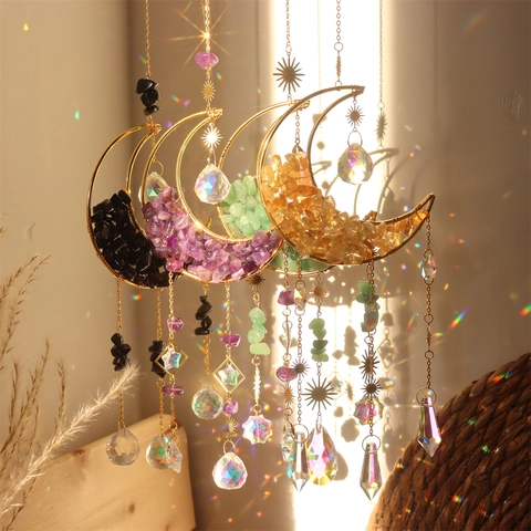 Acchiappasole Luna Decorazione Sospesa Metallo Cristallo Pietra Naturale Pietre Frantumate Fatto A Mano Celeste Prisma Casa