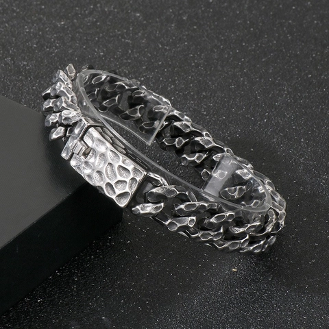 Bracciale A Catena Barbazzale Con Texture Martellata Acciaio Inossidabile 316L Gioielli Stile Punk Per Uomini