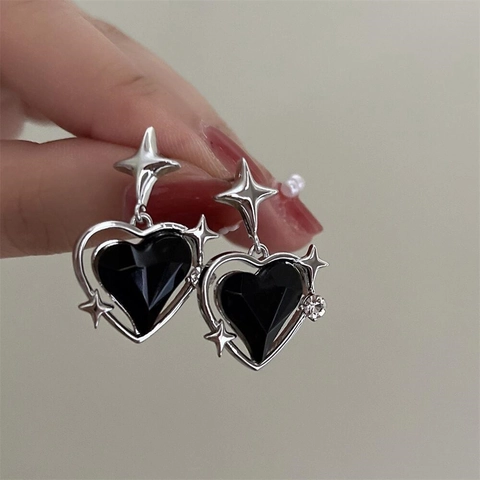 Eleganti Orecchini a Bottone in Rame a Cuore e Stella con Strass per Donna Gioielli da Festa con Pietre Blu e Nere