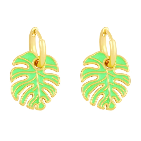 Monstera Leaf Hoop Earrings Gold Plated Enamel Tropical Plant Summer Beach Jewelry For Women Girls Bohemian Vintage Colorful