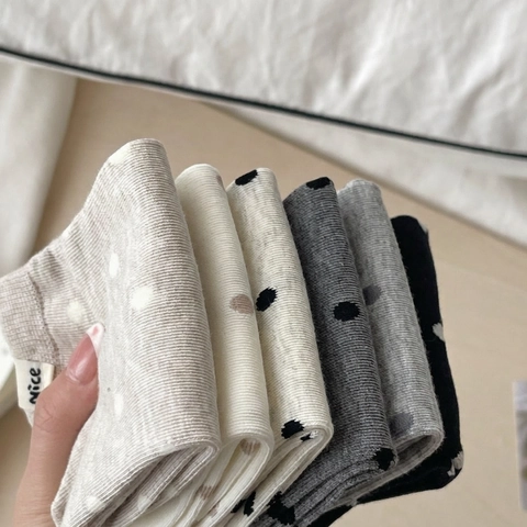 Chaussettes Courtes Femme Coton Peigné Motif À Pois Respirantes Absorbantes Décontractées Bas Doux Avec Étiquette Tissu