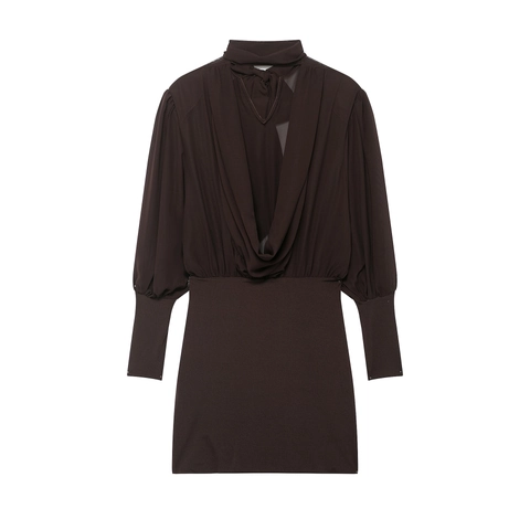 Dames Mini Jurk Met Lange Mouwen Elegant Strikkraag Geplooide Mouwen Koffiebruin Polyester Party Club