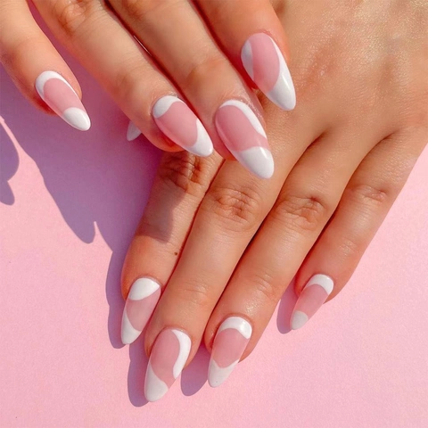 Estilo Francés Rosa Blanco Onda Abstracta Almendra Press On Nails Brillante Plástico Puntas De Uñas Postizas Para Mujeres