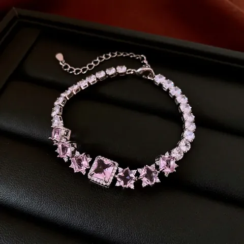 French Luxury Square Pink Zircon Bracelet Copper Sparkling Geometric Pendant Adjustable Elegant Jewelry For Women