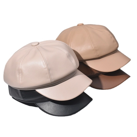 Damen Schirmmütze PU Leder Retro Achteckige Mütze Einfarbig Verstellbar Winter Herbst Mode Accessoire