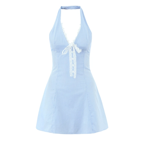 Striped Halter Mini Dress Lace Trim Deep V Neck Sleeveless Backless Sweet Summer Sundress For Women Polyester