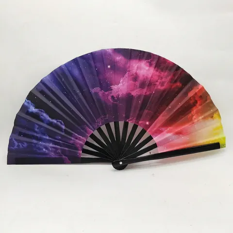 Folding Hand Fan Bamboo Ribs Cloth Surface Rainbow Galaxy Fluorescent Decorative Performance Rave Party Accessories