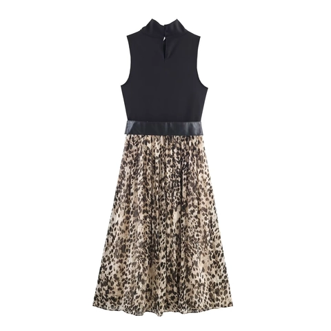 Abito Lungo Patchwork Senza Maniche Con Gonna In Chiffon Plissettata Stampa Leopardata E Cintura Elegante Collo Lupetto Per Donna