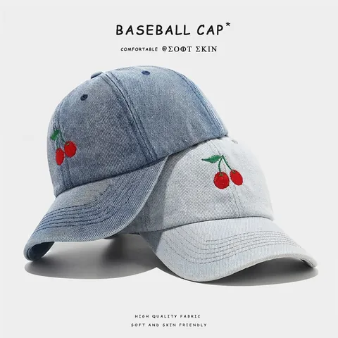 Casquette De Baseball En Denim Avec Broderie Cerise Coton Réglable Style Décontracté Pour Hommes Et Femmes
