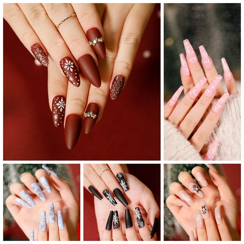 Ongles À Presser De Noël Forme Cercueil Longue Forme Amande Faux Ongles Artificiels Motif Flocon De Neige Renne Père Noël Manucure Festive Pour Femmes