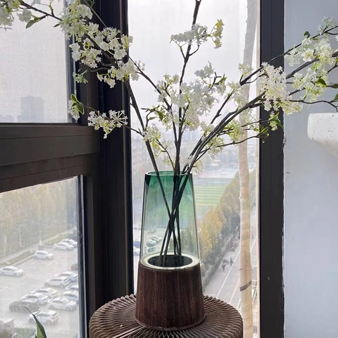 Vase À Fleurs En Verre Avec Base En Bois Moderne Récipient Floral Décoratif Transparent Pour Longues Branches Décoration Nordique Minimaliste