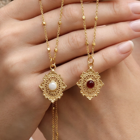 Pendant Necklace 18K Gold Plated Copper Enamel Round Filigree Retro Bohemian Vintage Jewelry For Women