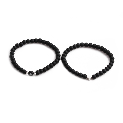 Bracciale Di Perle In Pietra Nera Opaca Con Lettera Iniziale In Lega Argento Cuore Ancora Ciondolo Gioielli Elastici
