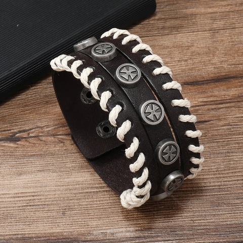 Vintage Men Wide Leather Cuff Bracelet Braided Rope Decoration Metal Cross Rivet Punk Rock Biker Wristband With Snap Button