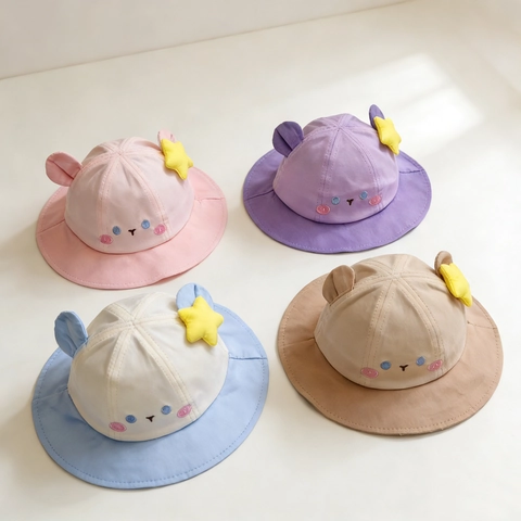 Cappello Alla Pescatora Per Neonati Cotone Tesa Larga Protezione Solare Orso Stella Patchwork Traspirante Sottogola