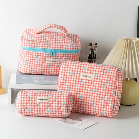 Quilted Cosmetic Bag Set Bowknot Geometric Pattern Zipper Closure Portable Makeup Pouch Daily Travel Toiletry Organizer Bag
