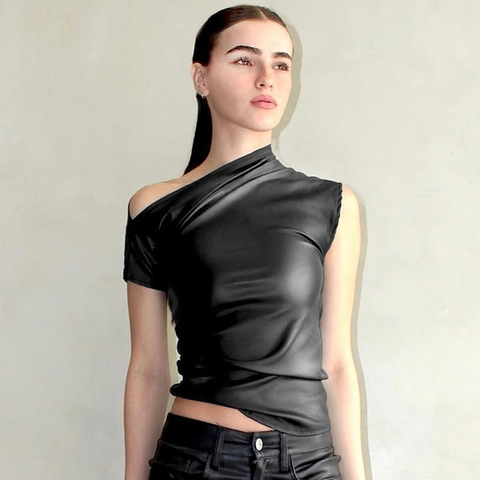 Top Aderente Monospalla Donna Ecopelle Lucida Metallizzata Asimmetrico Maniche Corte Streetwear Clubwear