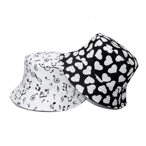 Polyester Bucket Hat Heart Music Note Cat Fruit Print Sun Protection Reversible Summer Fisherman Cap For Women