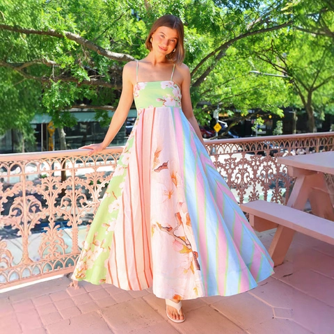 Women Sexy Spaghetti Strap Maxi Dress Polyester Patchwork Floral Striped Print Backless Large Hem Holiday Vacation