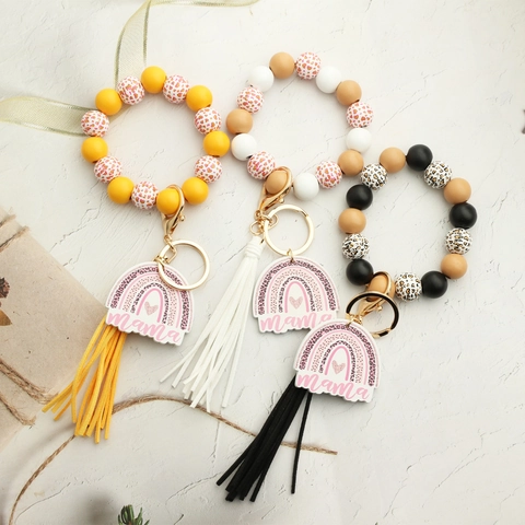 Portachiavi Braccialetto Di Perline Mama Silicone Legno Nappa Ciondolo Arcobaleno Regalo Festa Della Mamma Elastico Donna