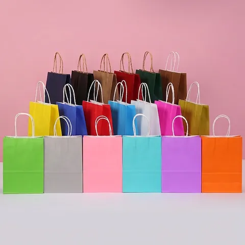 Solid Color Kraft Paper Gift Bags With Twisted Rope Handles Versatile Handheld Shopping Favor Packaging Bags For Party Wedding Business