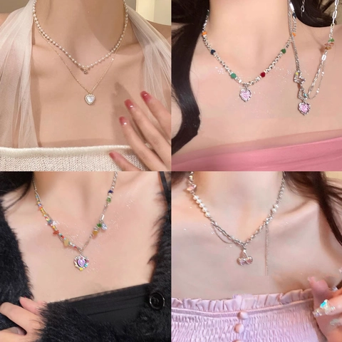 Süße Herz Kirsche Anhänger Künstliche Perlen Halskette Legierung Kette Vintage Schlüsselbein Modeschmuck Für Damen