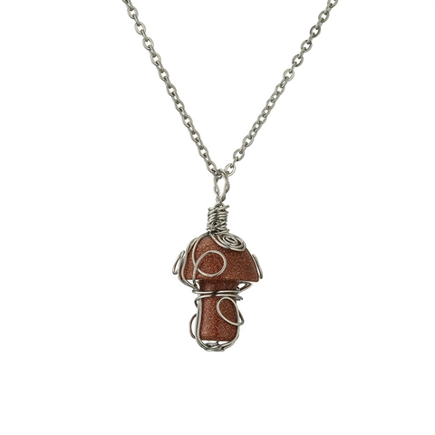 Mushroom Pendant Necklace Natural Crystal Stone Copper Wire Wrapped Handmade Healing Jewelry For Women Men