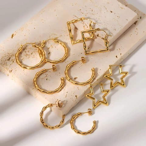 Bamboo Texture Hoop Earrings Stainless Steel 18K Gold Plated Irregular Geometric Fashion Jewelry Women Men