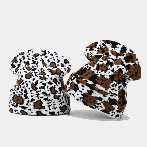 Leopard Cow Print Knit Beanie Hat Thick Warm Winter Acrylic Jacquard Folded Cuff Streetwear For Men Women