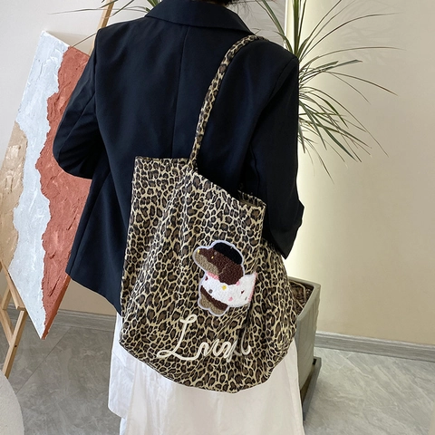 Leopardenmuster Canvas Tote Bag Vintage Hund Bestickt Große Kapazität Urban Einfache Lässige Schulterhandtasche