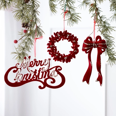 Christmas Ornaments Red Flocked Velvet Hanging Decoration Tree Garland Glitter Bow Deer Snowflake Candy Cane