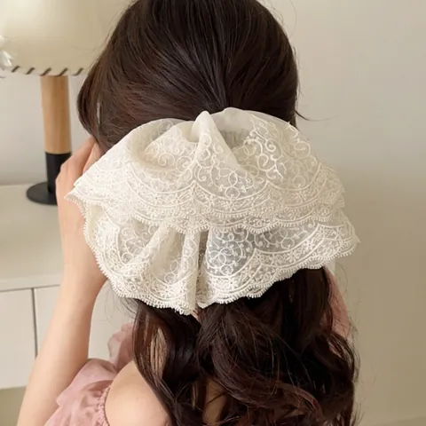 Scrunchie In Pizzo A Doppio Strato Sovradimensionato Ricamo Mesh Bordo Ondulato Stile Coreano Per Donne
