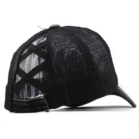 Gewassen Denim Trucker Pet Met Gat Voor Hoge Paardenstaart Ademende Mesh Achterkant Verstelbare Baseballpet Voor Dames
