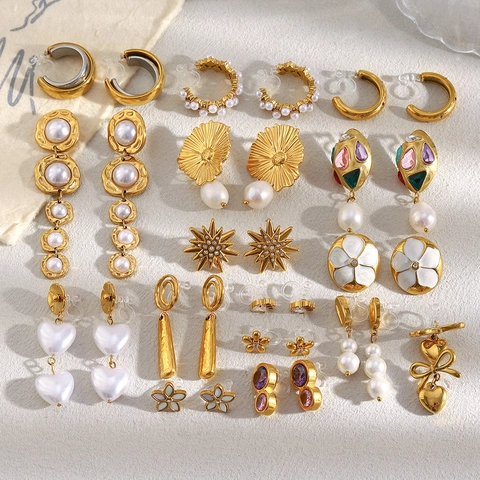 Pendientes De Clip Acero Inoxidable Chapado En Oro 18K Circonita Perla Artificial Geométrico Floral Corazón No Perforado Mujeres